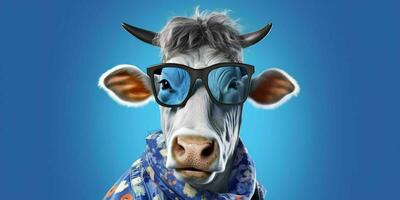 AI generated Portrait of Cool and Funny Cow Wearing Glasses in Studio Background. Generative AI photo