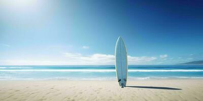 ai generado tabla de surf en el playa con azul cielo vista. generativo ai foto