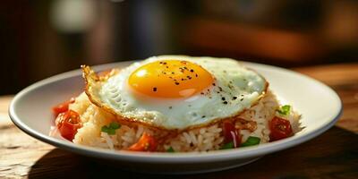 ai generado delicioso frito arroz con un soleado lado arriba huevo, servido en un blanco plato con un de madera mesa antecedentes. generativo ai foto