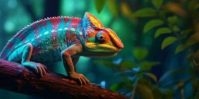 AI generated Colorful Chameleon Perched on a Tree Branch with Vibrant Neon Light Effect. Digital Art. Generative AI photo