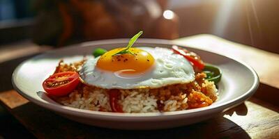 AI generated Delicious fried rice with a sunny side up egg, served on a white plate with a wooden table background. Generative AI photo