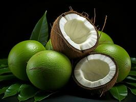 AI generated Fresh Green Coconut. Young Coconut Pieces. Generative AI photo