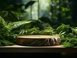 AI generated Wooden Product Display Podium with Nature Background. Natural Product Placement Pedestal Stand. Generative AI photo