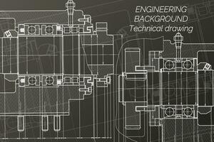 mecánico Ingenieria dibujos en negro antecedentes. molienda máquina huso. técnico diseño. cubrir. Plano. vector ilustración