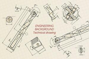 Mechanical engineering drawings on blue background. Drill tools, borer. Technical Design. Cover. Blueprint. Vector illustration