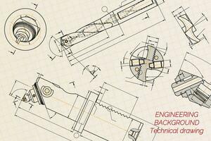 Mechanical engineering drawings on blue background. Drill tools, borer. Boring bar with micrometric adjustment. Broach. Technical Design. Cover. Blueprint. Vector illustration