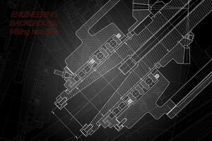 Mechanical engineering drawings on black background. Milling machine spindle. Technical Design. Cover vector