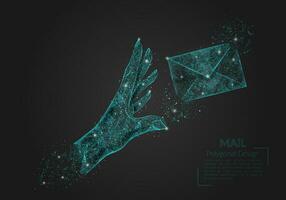 Abstract isolated image of human hand sending letter. Polygonal illustration looks like stars in the blask night sky in spase or flying glass shards. Digital design for website, web, internet vector