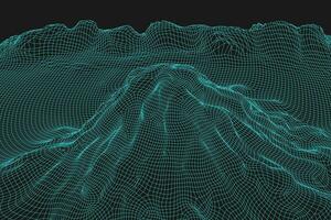 Blue abstract vector wireframe landscape background. 3D futuristic mesh mountains. 80s Retro illustration. Cyberspace technology valleys