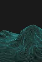 Blue abstract vector wireframe landscape background. 3D futuristic mesh mountains. 80s Retro illustration. Cyberspace technology valleys
