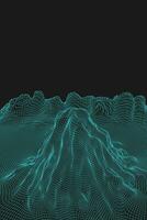 Blue abstract vector wireframe landscape background. 3D futuristic mesh mountains. 80s Retro illustration. Cyberspace technology valleys