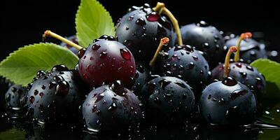 AI generated Fresh Acai Berry with Water Droplets Isolated on a Black Background. Euterpe oleracea. Generative AI photo