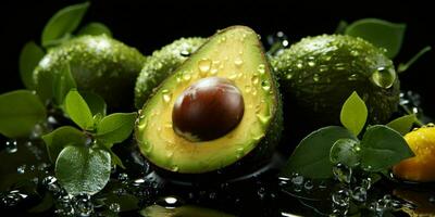 AI generated Fresh Avocado with Water Droplets on Black Background. Generative AI photo