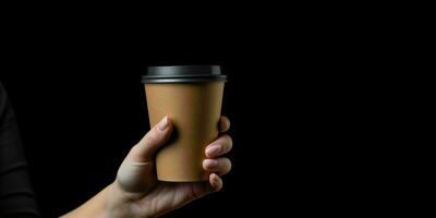 AI generated Female Hand Holding a Brown Coffee Paper Cup on Black Background. Elegant Coffee Cup Mockup. Generative AI photo