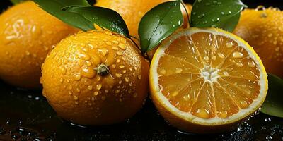 AI generated Fresh Oranges with Water Droplets Isolated on a Black Background. Generative AI photo