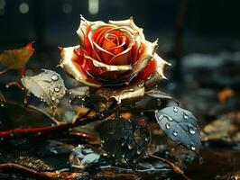 AI generated Red and Gold Glass Rose Flower with Water Droplets on it Isolated on Black Background. Generative AI photo