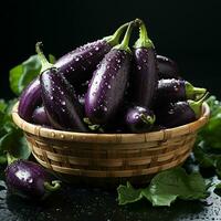 AI generated Fresh Eggplant with Water Droplets. Group of Aubergine. Generative AI photo