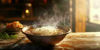 AI generated A Bowl of Hot Noodle Soup on Wooden Table. Generative AI photo