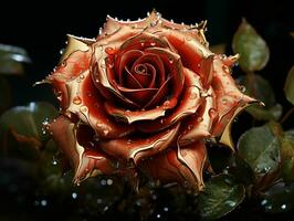 AI generated Red and Gold Glass Rose Flower with Water Droplets on it Isolated on Black Background. Generative AI photo