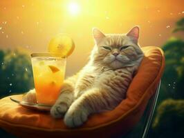 AI generated Orange Cat Chilling and Lying on a Sun Lounger Enjoying Orange Juice with Sunshine. Generative AI photo