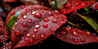 AI generated Fresh Red Leaves with Water Droplets. Close Up of Leaf with Raindrops. Generative AI photo