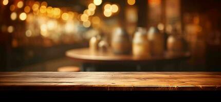 AI generated Empty Wooden Table with Bokeh Cafe Background and Golden Lights. Generative AI photo