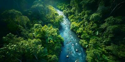 ai generado aéreo ver de verde bosque y río. generativo ai foto