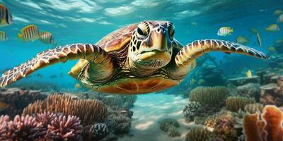 AI generated Portrait of a Sea Turtle Swimming in the Sea. Generative AI photo