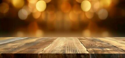 AI generated Empty Wooden Table with Bokeh Cafe Background and Golden Lights. Generative AI photo