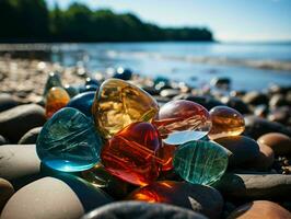 ai generado vistoso mar vaso en el playa. piedra preciosa. generativo ai foto