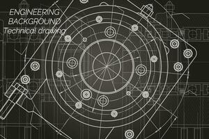 Mechanical engineering drawings on black background. Milling machine spindle. Technical Design. Cover. Blueprint. Vector illustration