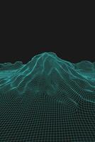 Blue abstract vector wireframe landscape background. 3D futuristic mesh mountains. 80s Retro illustration. Cyberspace technology valleys