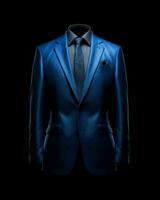 ai generado elegante azul de los hombres traje aislado en negro antecedentes. generativo ai foto