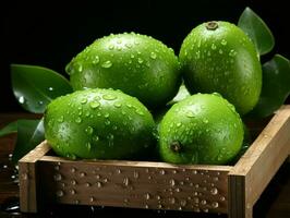 AI generated Fresh Feijoa Fruit with Water Drops Isolated on Black Background. Acca Sellowiana. Generative AI photo