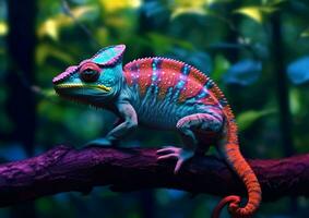 AI generated Colorful Chameleon Perched on a Tree Branch with Vibrant Neon Light Effect. Digital Art. Generative AI photo