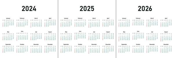 Calendar 2024, calendar 2025, calendar 2026 week start Sunday vector