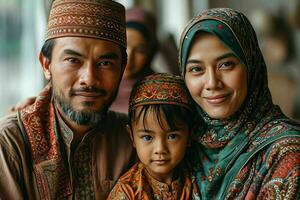 ai generado retrato de un contento asiático musulmán familia en tradicional ropa. generativo ai foto
