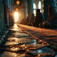 AI generated Muslim Man Praying at a Mosque with Sunlight Effect. Worshiping God. Generative AI photo