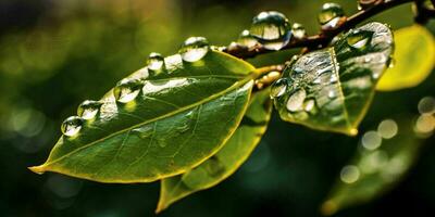 AI generated Fresh Green Leaves with Water Droplets. Close Up of Leaf with Raindrops. Generative AI photo