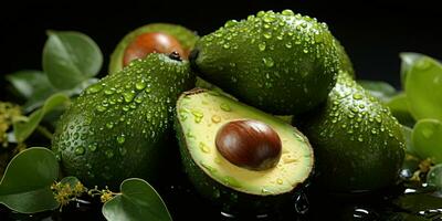 ai generado Fresco aguacate con agua gotas en negro antecedentes. generativo ai foto