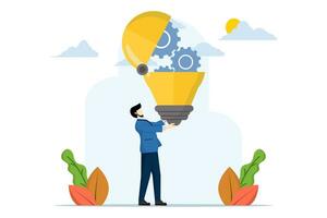 inteligente empresarios con innovador ligero bombillas y ruedas dentro a crear soluciones a resolver negocio problemas. innovación ideas, creatividad o imaginación para negocio éxito. vector ilustración.