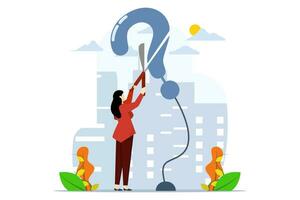 businesswoman cutting question mark with scissors opens exclamation mark in response. Solving problems, solutions to eliminate problems, unknown concepts, answering questions or solving them. vector