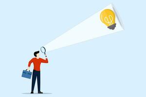 concept of finding business solutions. businessman looking at floating light bulb from magnifying glass, information intelligence business insight for competitive advantage and win competition. vector