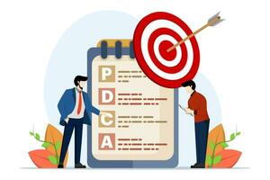 PDCA goal setting concept, acronym with specific, measurable, achievable, relevant and timely, plan realistic goals, arrow pointing right at target with written paper note PDCA improvement goals. vector