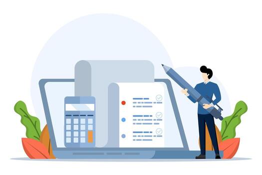 Expert businessman completes tax filing form with income tax filing, expert makes complete list of all concepts with deductions, refunds and payments, calculates income and fills out tax forms. vector