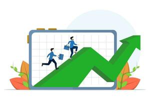 crecimiento incrementar concepto, empresario corriendo desde grafico creciente desde tableta. mejorar negocio actuación, estratégico planes, crecimiento, éxito o inversión resultados. vector vector ilustración.