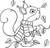 Autumn squirrel with fall leaves in black line doodle style vector