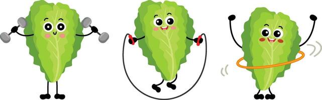 Cute green lettuce mascot set for gym vector