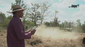 agricultores utilizar drones a inspeccionar el zona para información y tractor camiones a cortar césped para agricultura. en el agrícola industria video