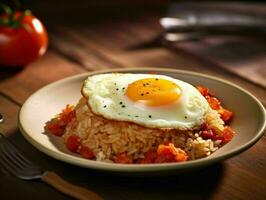 AI generated Delicious fried rice with a sunny side up egg, served on a white plate with a wooden table background. Generative AI photo